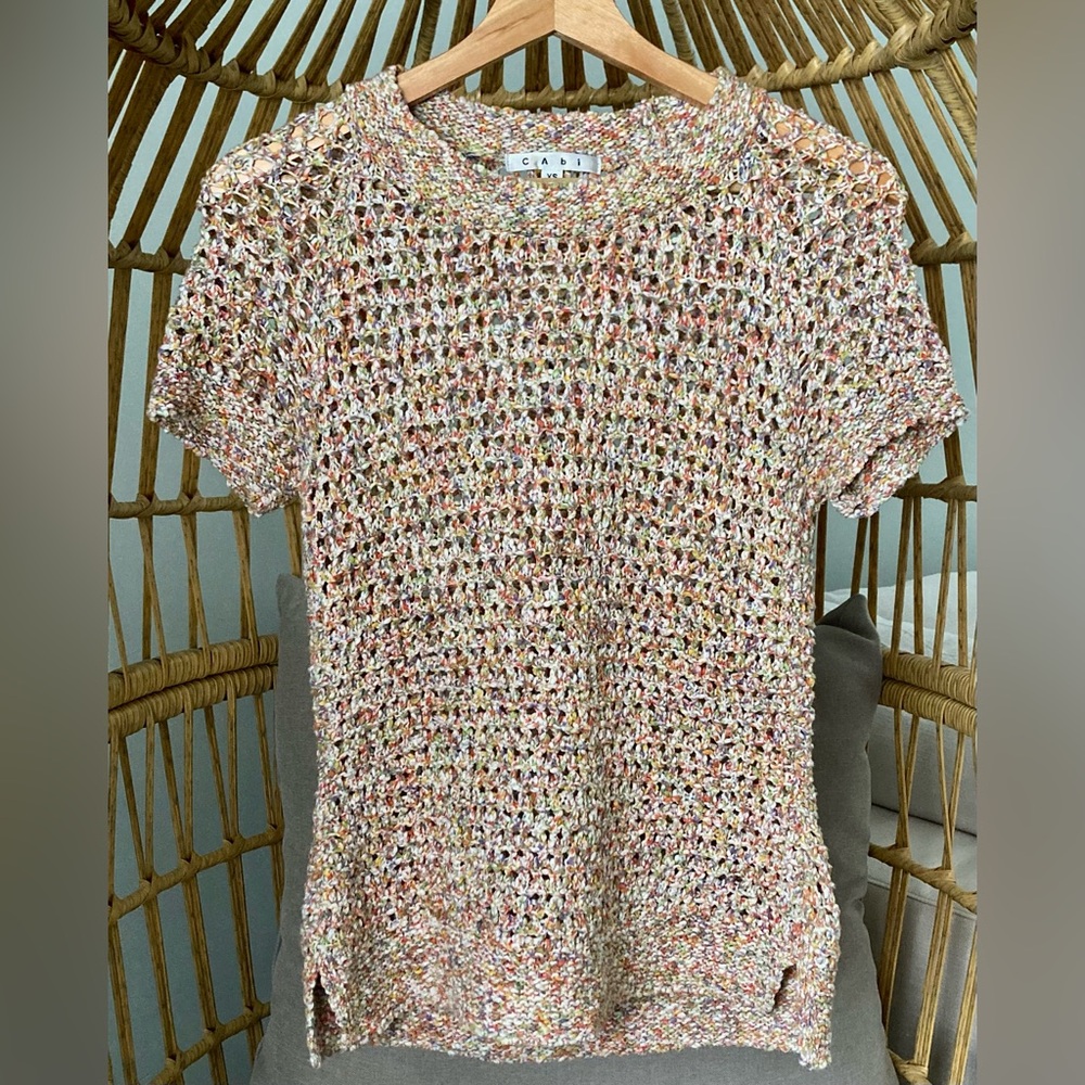 CAbi XS Multicolor Open-Knit Short Sleeve Sweater Lightweight Top %100 Cotton